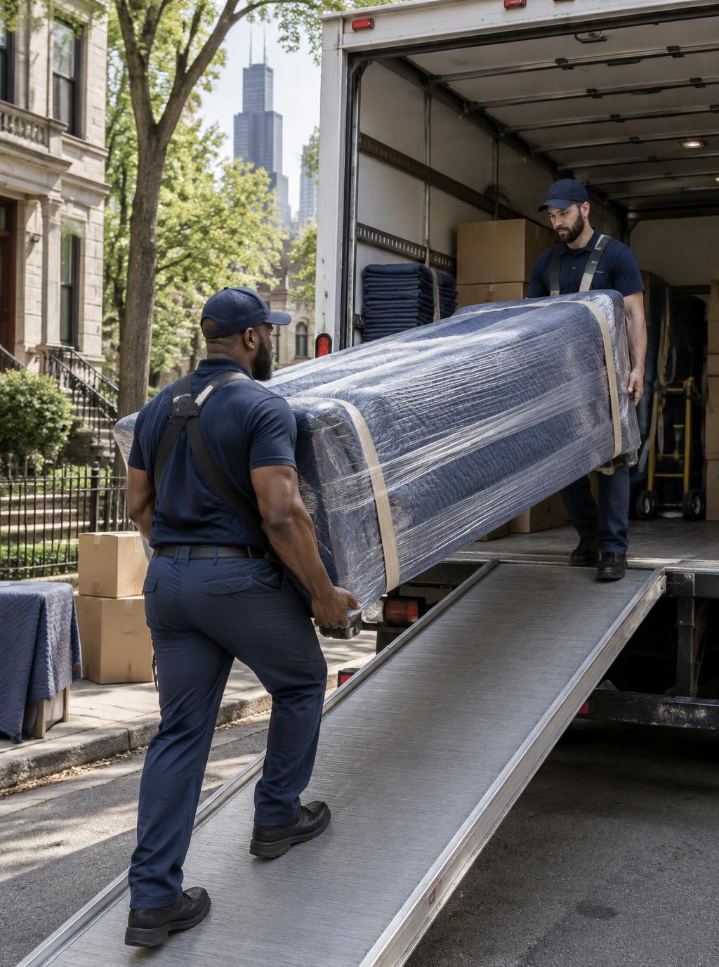 Professional movers loading a protected sofa onto a moving truck
