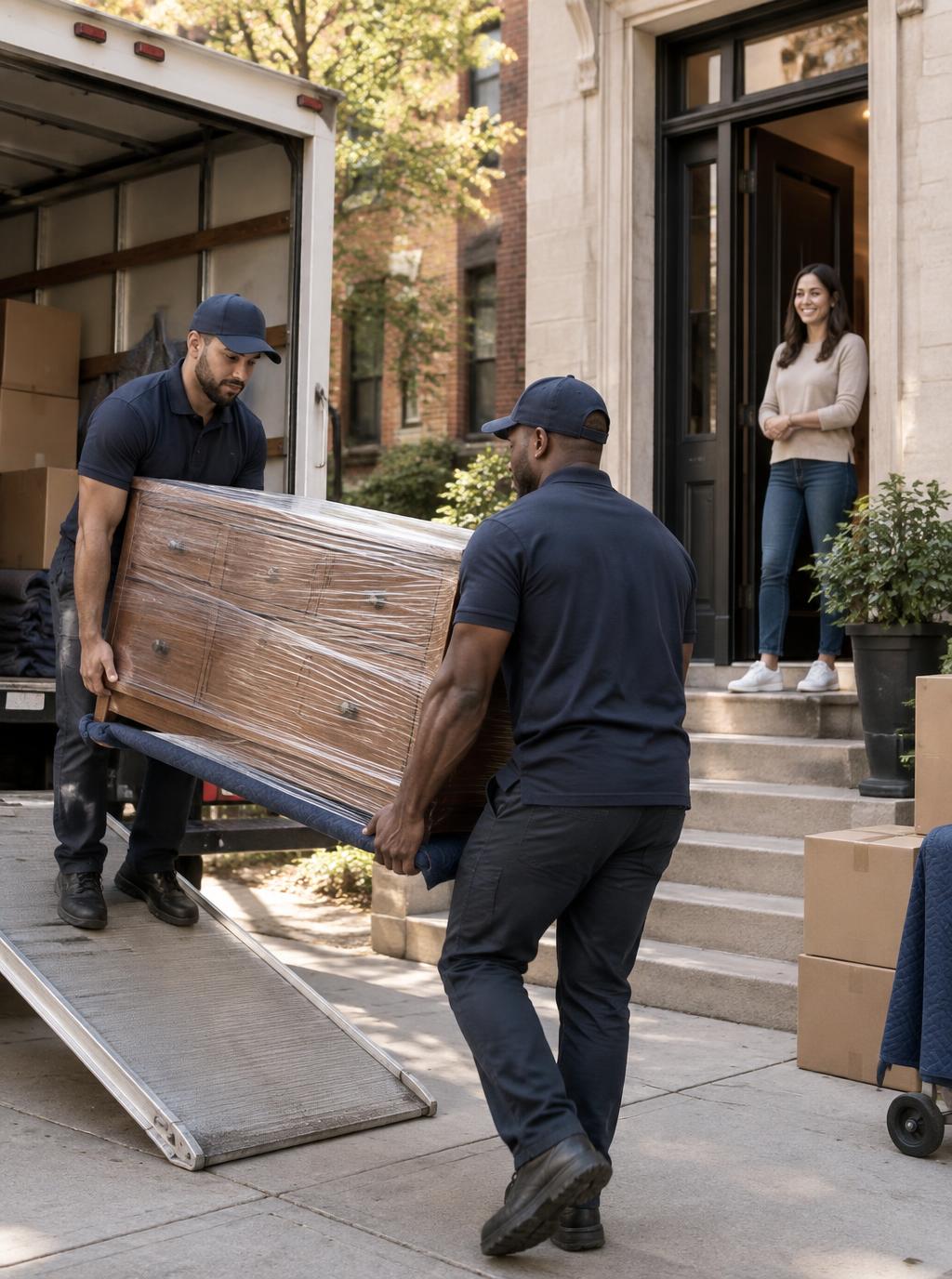 Professional movers unloading protected furniture at a new home